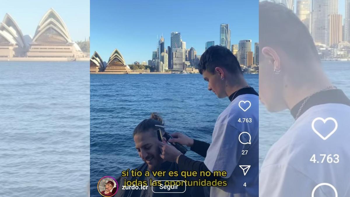 David Izquierdo, @zurdo.lcr, cortando el pelo a un cliente en la bahía de Sydney