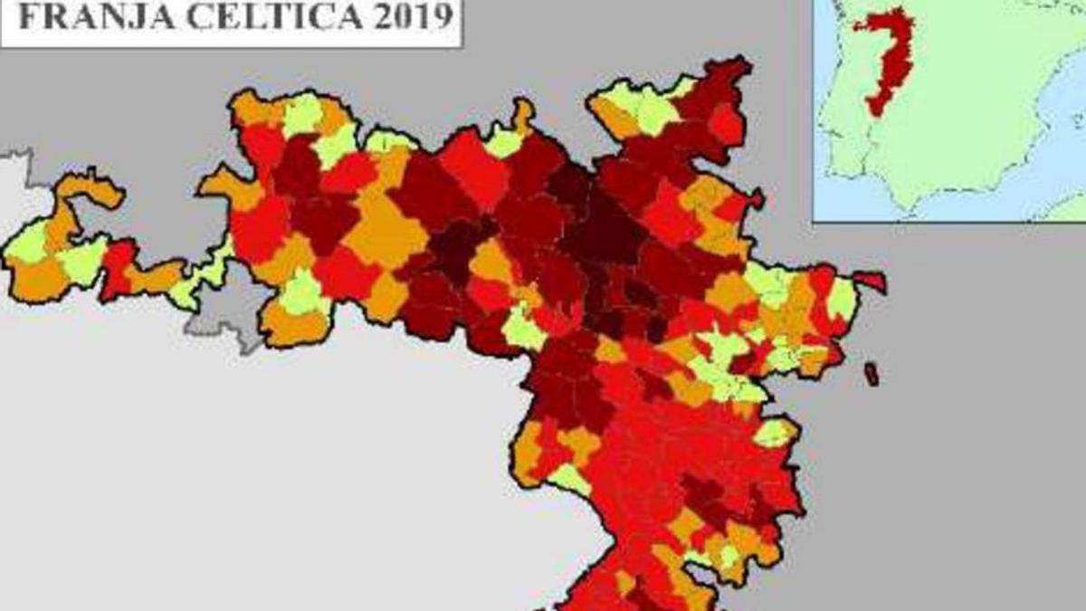 Pérdida de población en la Franja Céltica desde 1940 hasta 2019 que muestra la evolución a zona muy escasamente poblada. | |  PILAR BURILLO