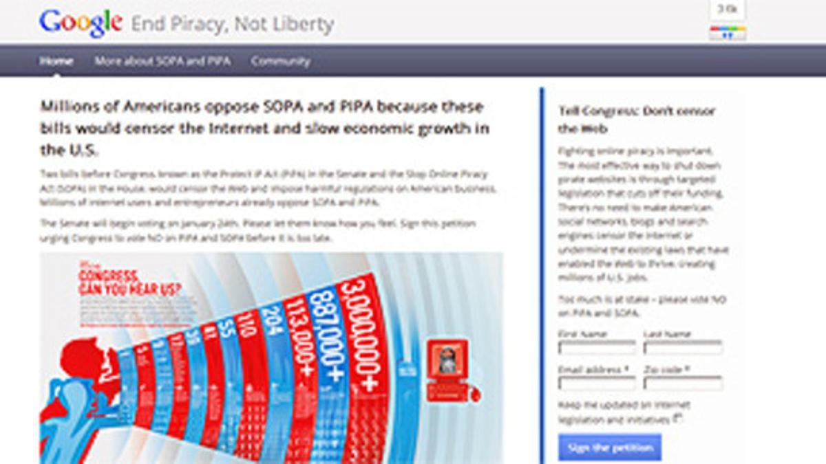 Campaña de recogida de firmas contra la ley antipiratería, en la web de Google.