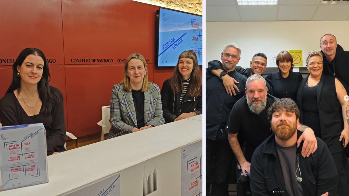 Muíño, Louzao y Garrido, en Raxoi. A la derecha:  Sés  con su banda.