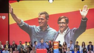 El presidente del Gobierno de España, Pedro Sánchez, durante el acto de campaña del PSOE en el Palau de Congressos de Catalunya con motivo de las elecciones europeas.