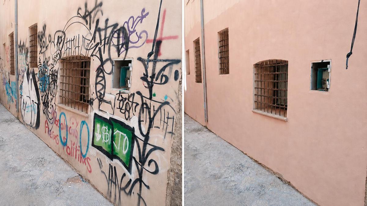 Pintadas eliminadas en un edificio protegido de la calle Can Conrado.