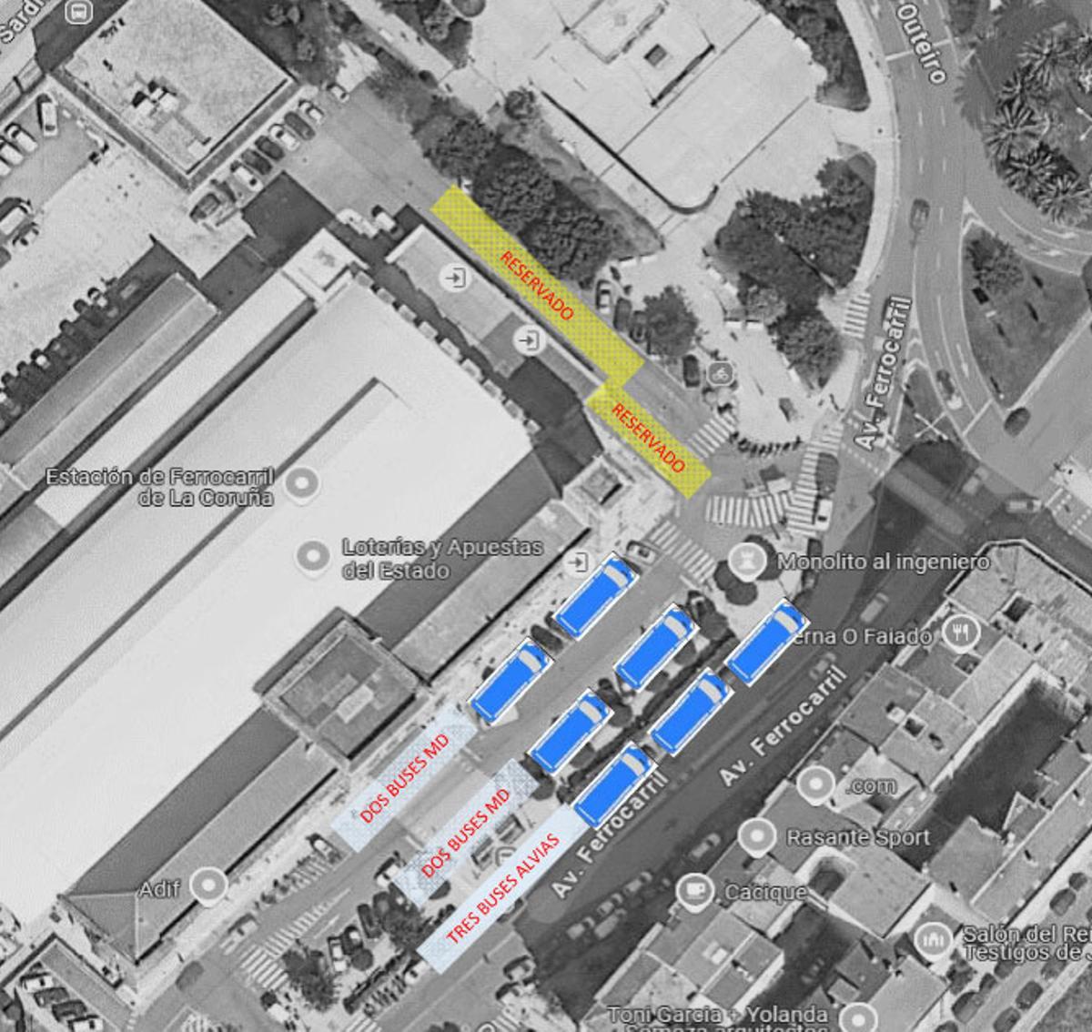 Plano de estacionamiento de autobuses en la estación de A Coruña para los transbordos del fin de semana