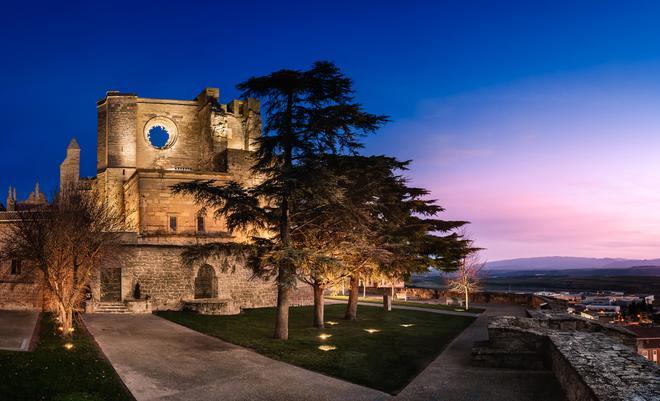 Vista panorámica nocturna de la iglesia de San Pedro, en Viana.