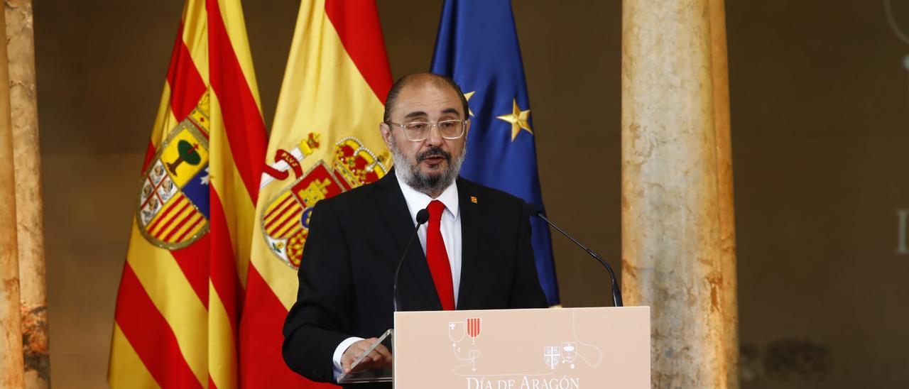 El presidente de Aragón Javier Lambán, durante su discurso en el Día de Aragón.