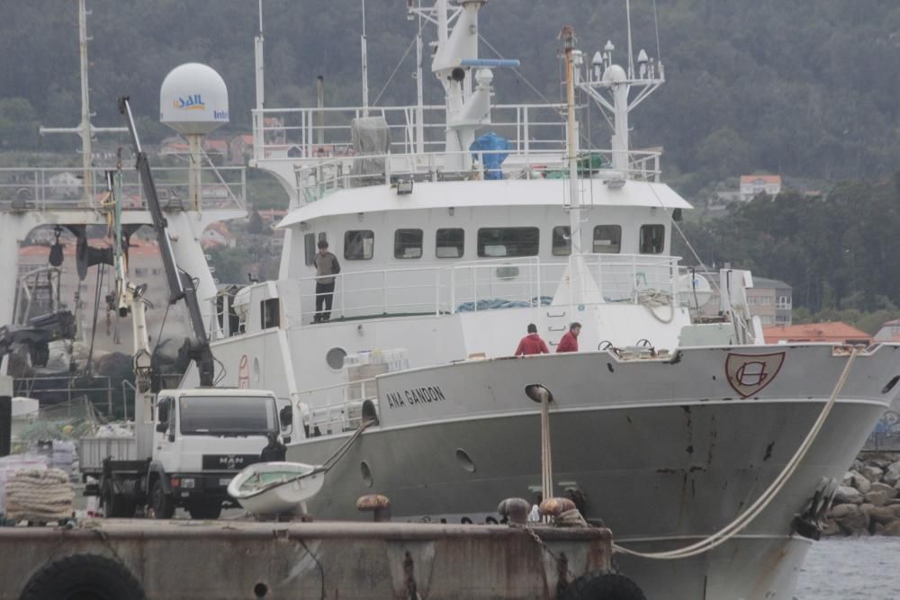 El buque “Ana Gandón” en el momento de zarpar del muelle de Frigoríficos, en Cangas. // Santos Álvarez