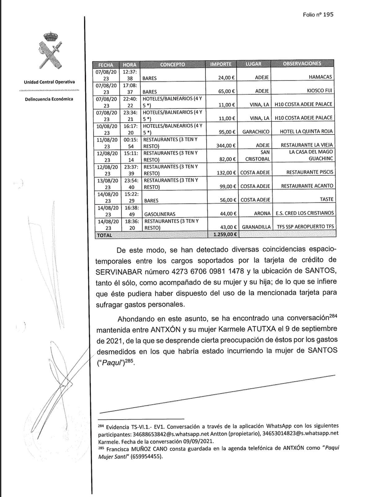 Folios de la investigación de la Unidad Central Operativa (UCO) de la Guardia Civil donde detallan los gastos de Santos Cerdán y su familia a Tenerife.