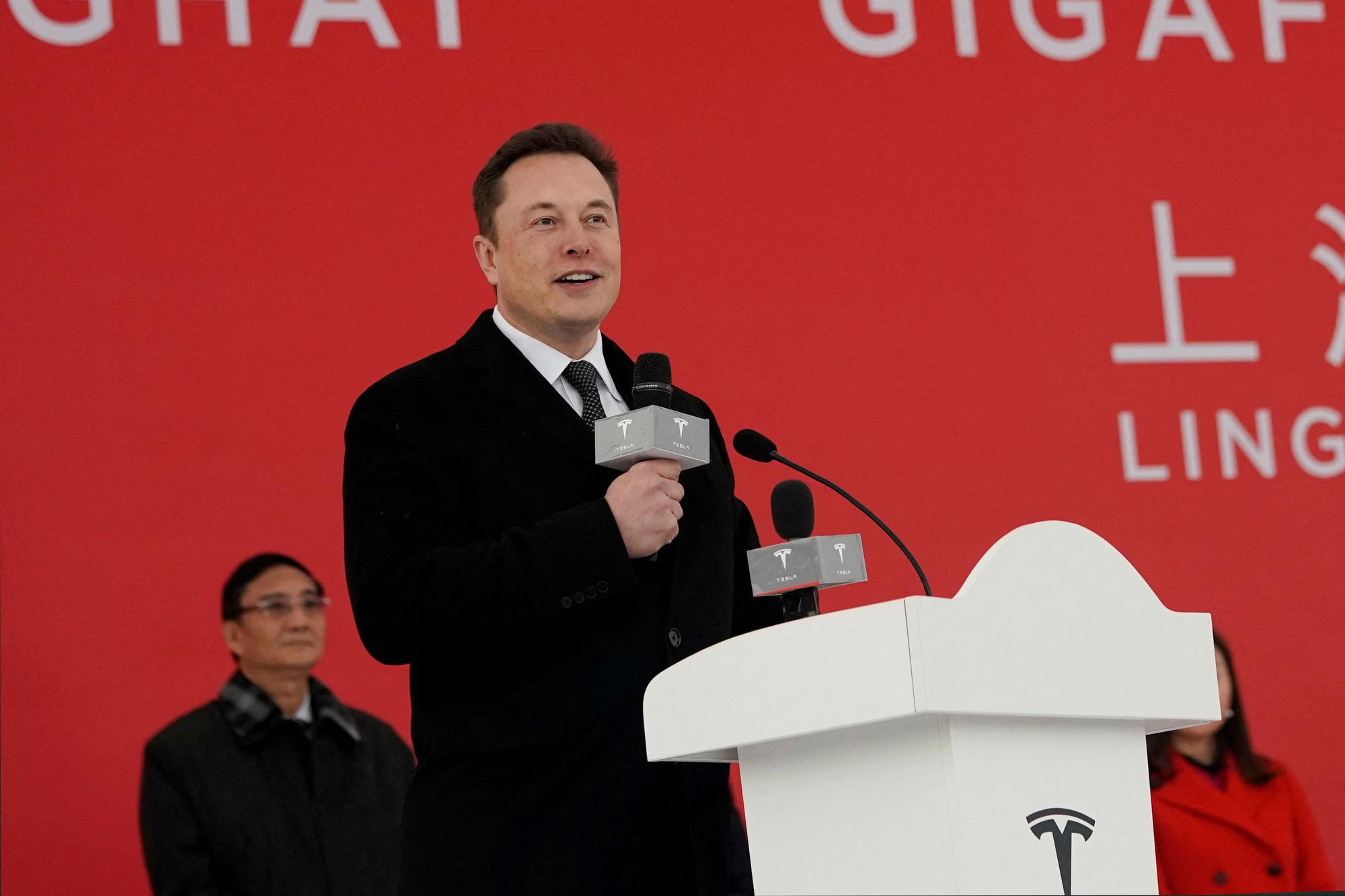 FILE PHOTO: Tesla CEO Elon Musk speaks at the groundbreaking ceremony for Tesla's Shanghai Gigafactory in Shanghai,