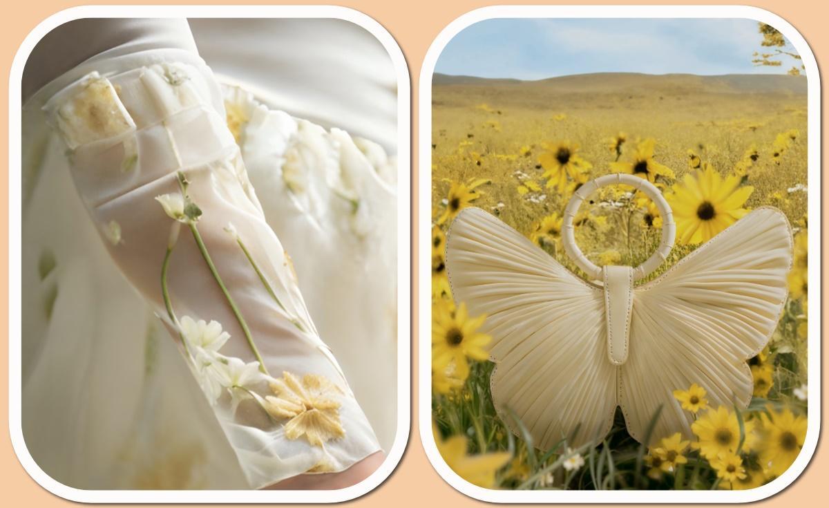 La cápsula se completa con un bolso beige en forma de mariposa, dos pañuelos de seda y unos originales manguitos de tul.