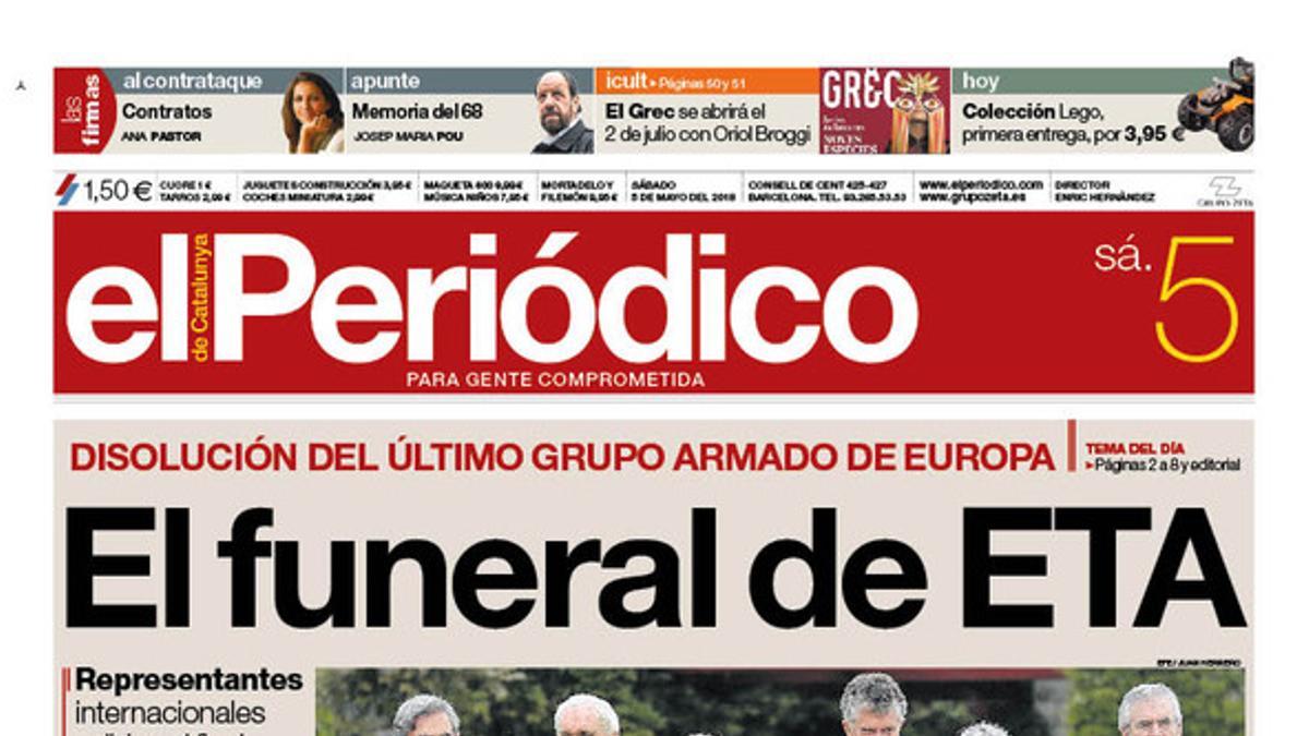 La portada de EL PERIÓDICO del 5 de mayo del 2018