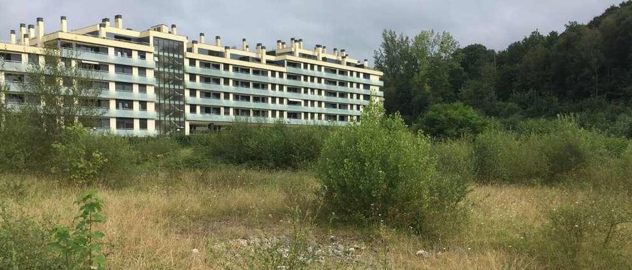 Sobre estas líneas, el único edificio construido en La Zoreda, ante una parcela en estado de abandono. Arriba, a la izquierda, la maleza invade un tramo de escaleras. Al lado, el edificio del consultorio médico.