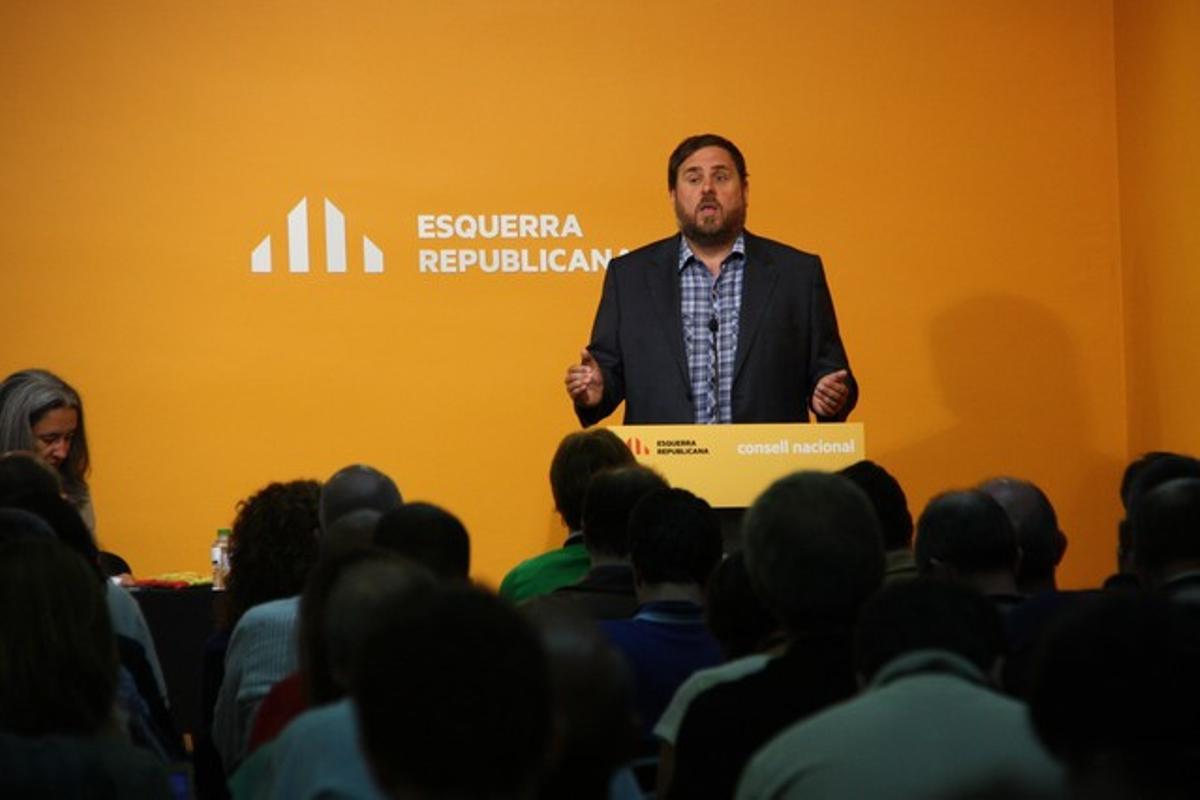 El líder d’ERC, Oriol Junqueras, aquest dissabte, durant la seva intervenció al Consell Nacional.