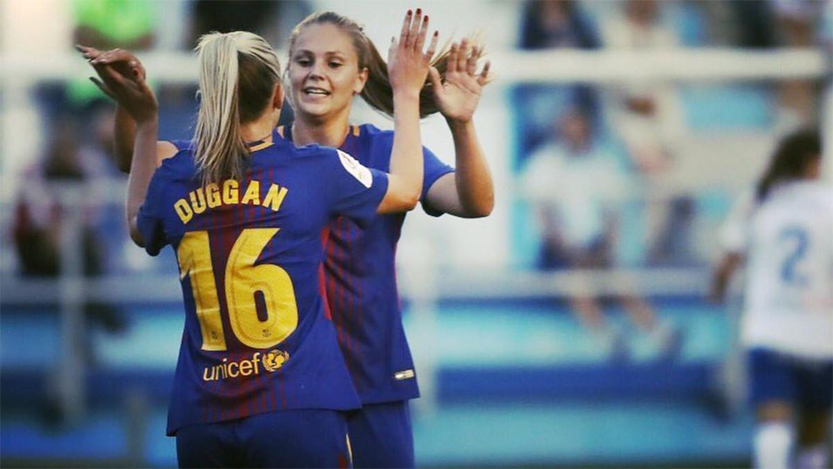 Toni Duggan celebró su primer gol como azulgrana con Lieke Martens