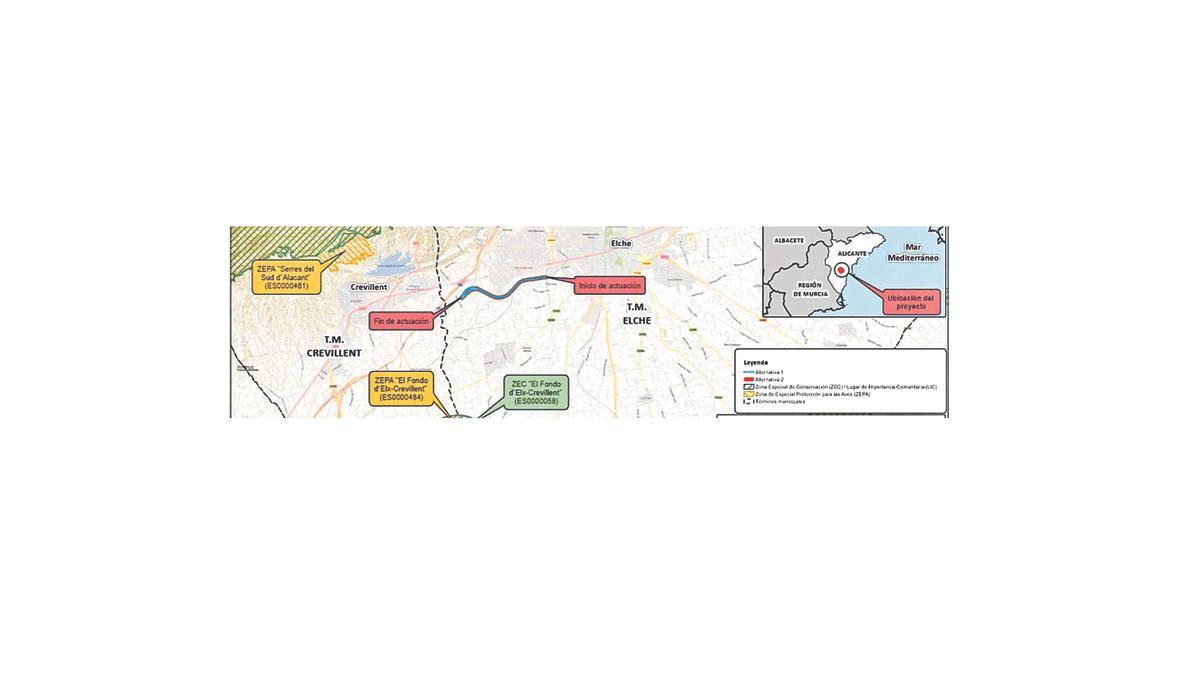 Los mapas que señalan la ubicación y el trazado de la nueva variante que conectará Elche con la estación del AVE de Matola.