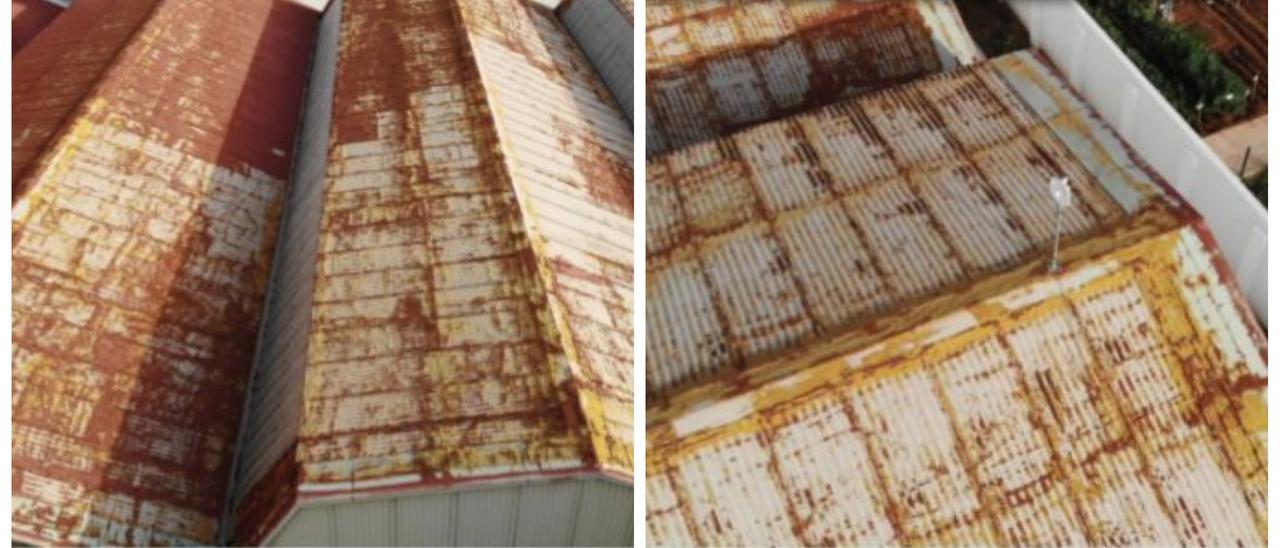 Imágenes aéreas del estado de la cubierta del pabellón de la Garrofera, que repararán para poner fin a las filtraciones.