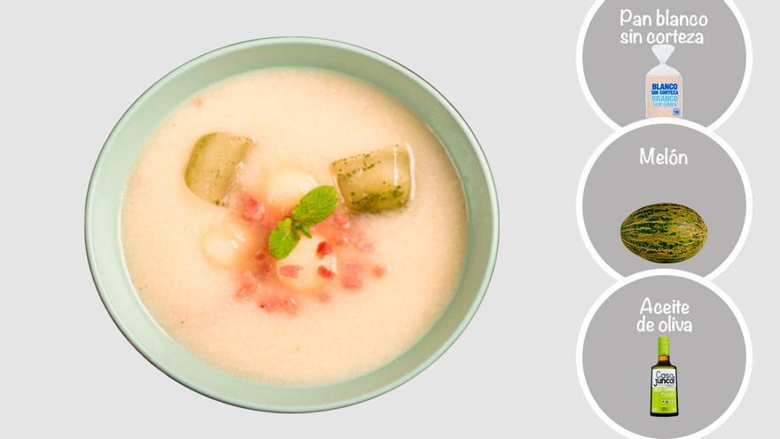 Sopa fría de melón con cubitos de limón y hierbabuena