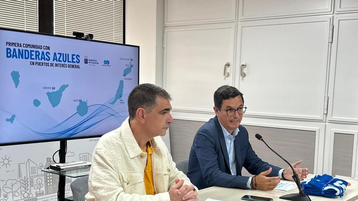 El consejero de Obras Públicas, Vivienda y Movilidad del Gobierno de Canarias, Pablo Rodríguez, y el director gerente de Puertos Canarios, José Gilberto Moreno.
