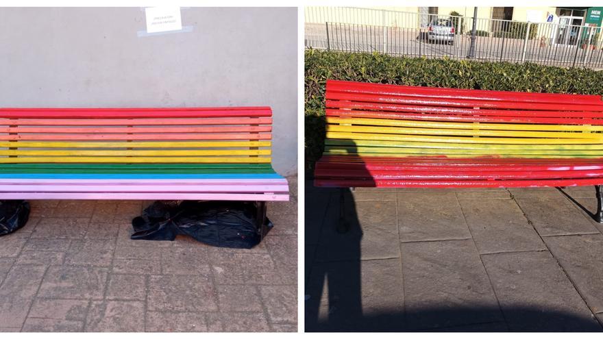 Vandalismo en Castellón: Pintan una bandera de España sobre la arcoíris en un banco