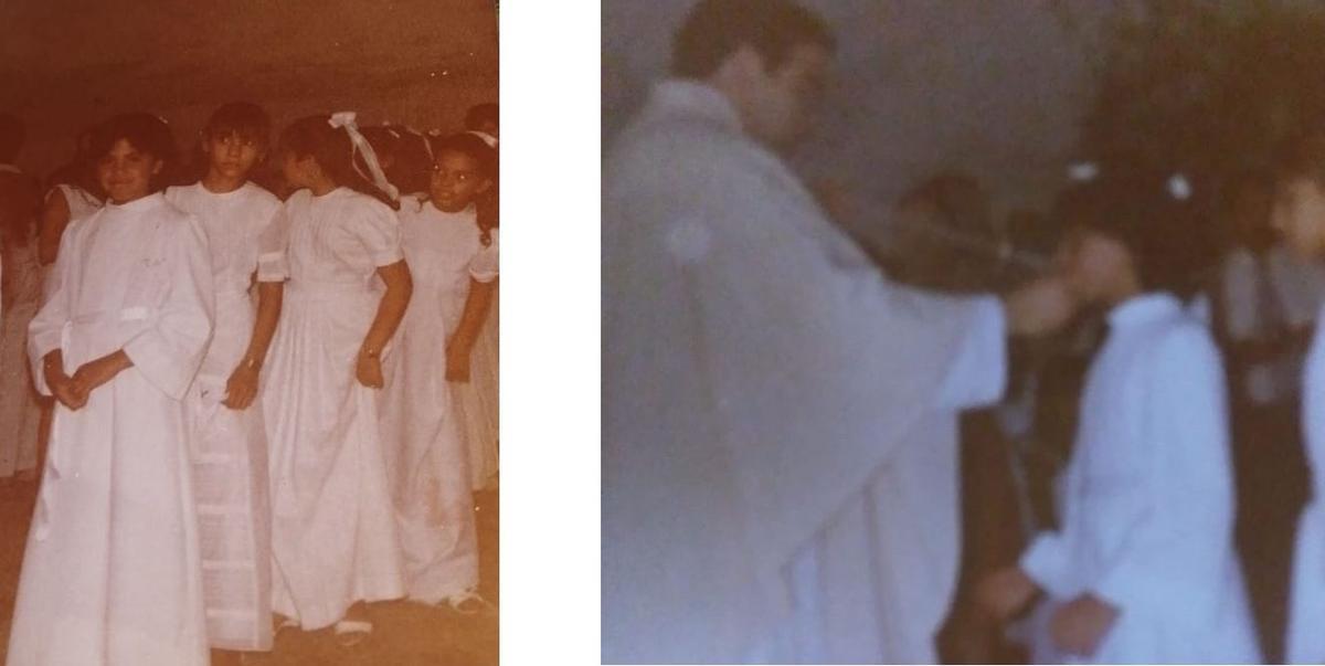 Imatges de  N.C.P. durant la primera comunió. A la dreta, Foto del sacerdot D.AM.M, amb 27 anys, administrant la primera comunió a la seva víctima, de 9 anys, després de mesos d'abusos sexuals