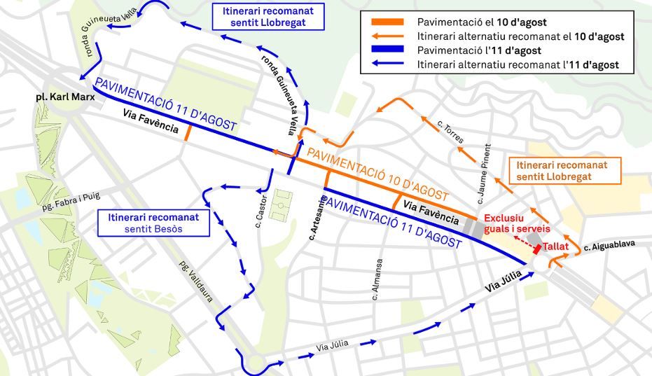 Detalle de las obras en la Via Favència y las alternativas de movilidad propuestas por el Ayuntamiento de Barcelona