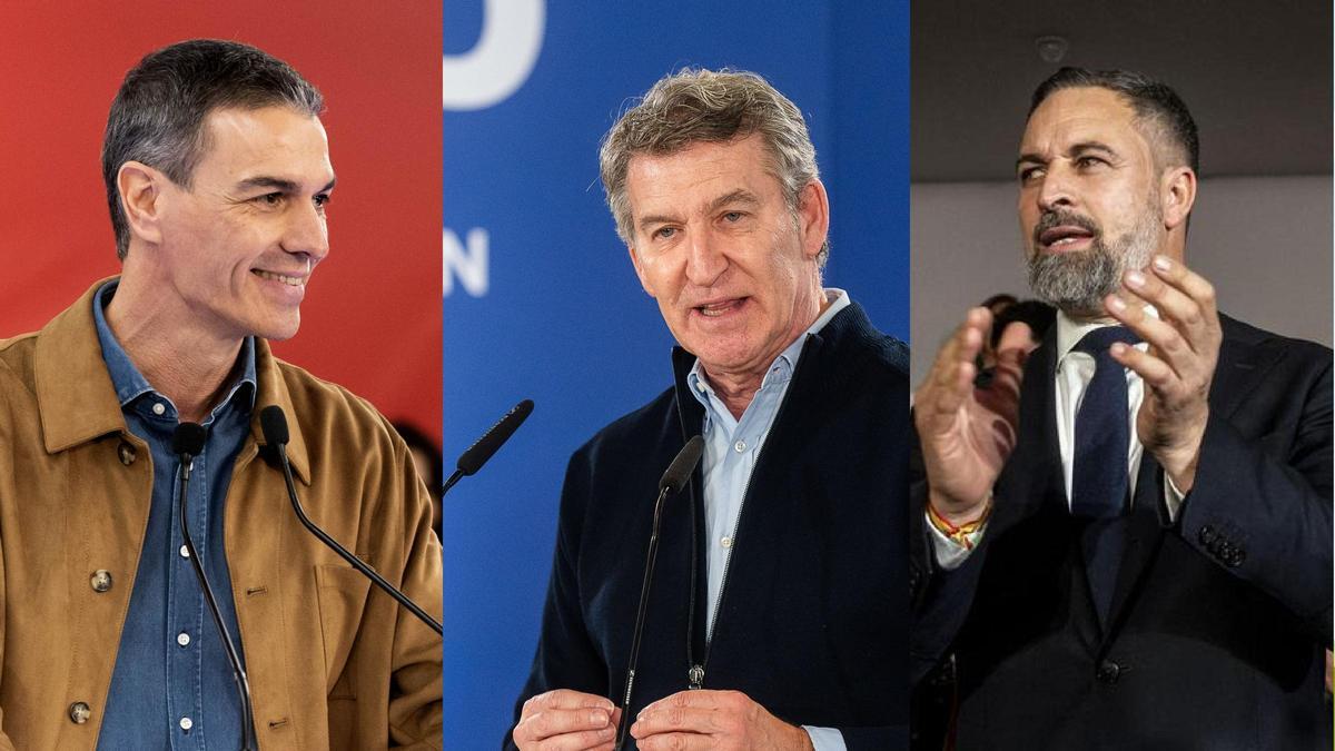 Sánchez, Feijóo y Abascal, en tres de sus mitines antes de las elecciones de Aragón.