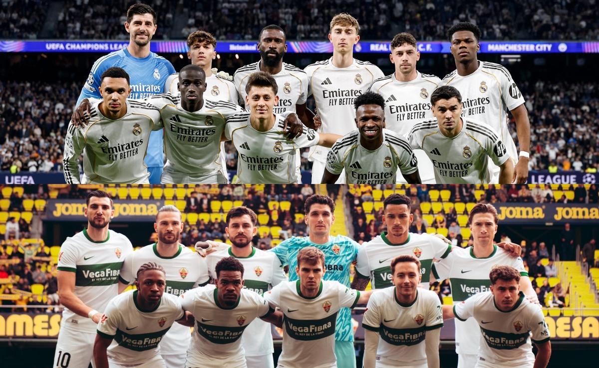 Arriba, el último once del Real Madrid y, debajo, el último once del Elche.