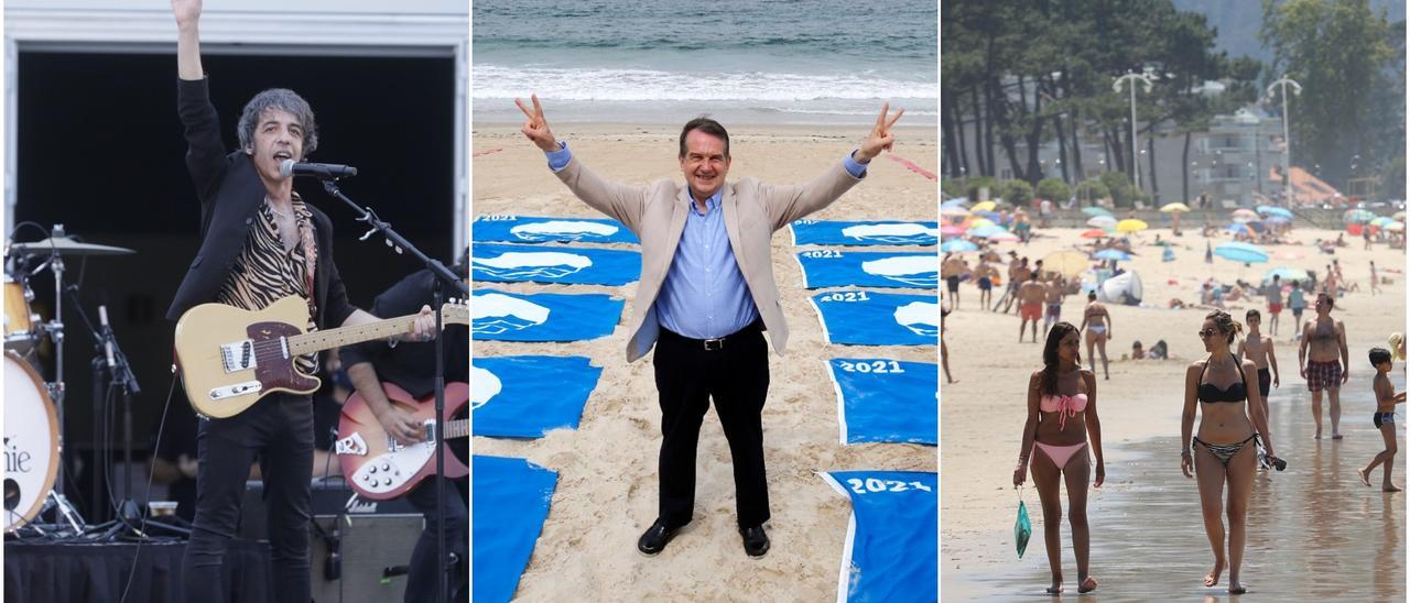 Sidonie, en su concierto en el Terraceo; Caballero, con las banderas azules que lucirán las 10 playas de Vigo; y el arenal de Samil.