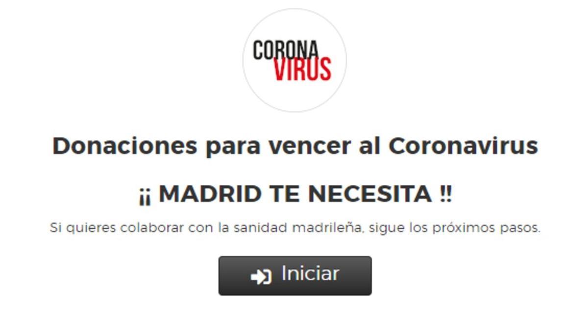 Portada de la página web de la Comunidad de Madrid para donaciones a la sanidad