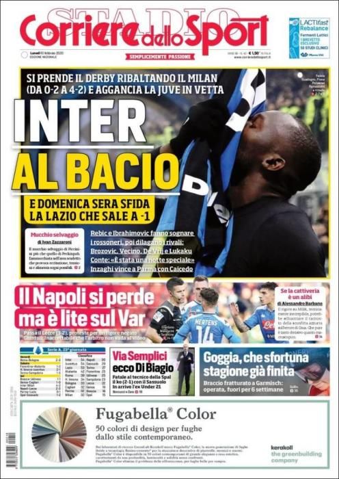 Portada CORRIERE DELLO SPORT lunes 10 febrero 2020