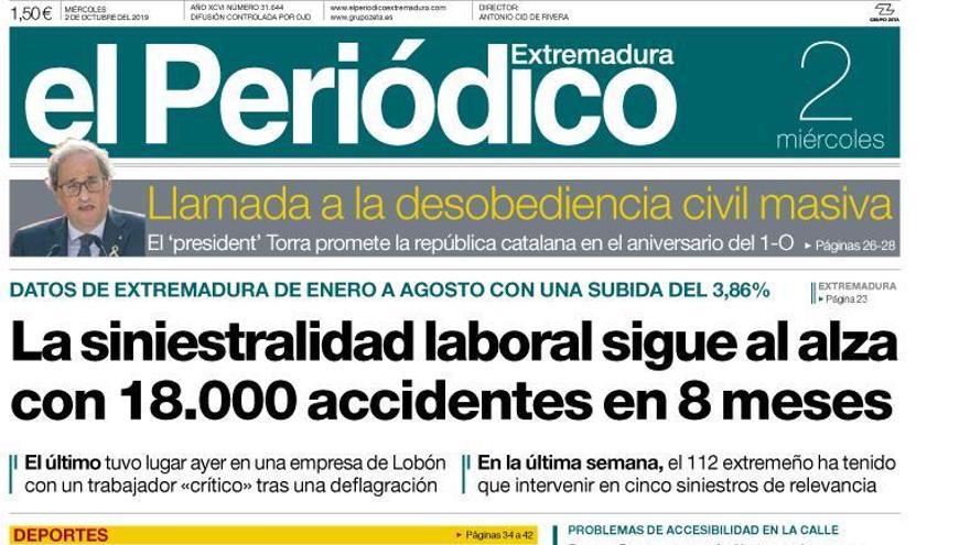 Esta es la portada de EL PERIÓDICO EXTREMADURA correspondiente al día 2 de octubre del 2019