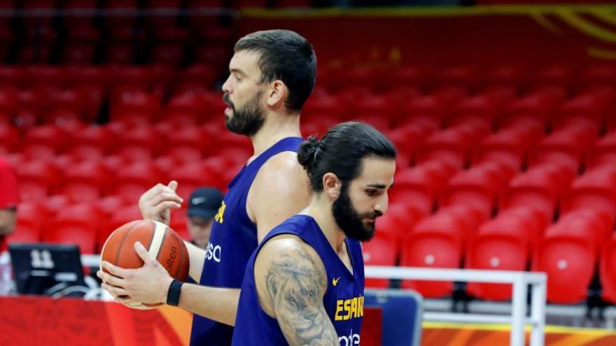 Marc Gasol y Ricky Rubio durante un entrenamiento.