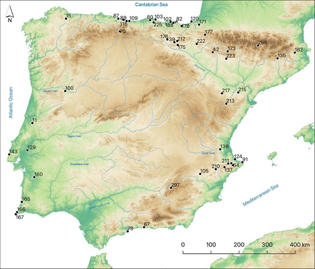 Mapa de los yacimientos arqueológicos estudiados en el trabajo.