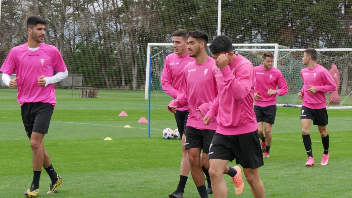 Diego Domínguez habla con Ricardo Visus durante el entrenamiento del Córdoba CF, este jueves, en la Ciudad Deportiva.