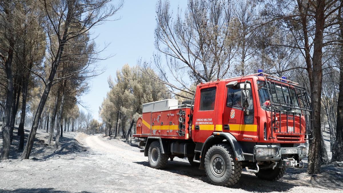 Uno de los modelos de autobomba usados por la UME en un incendio en la provincia de Zaragoza.