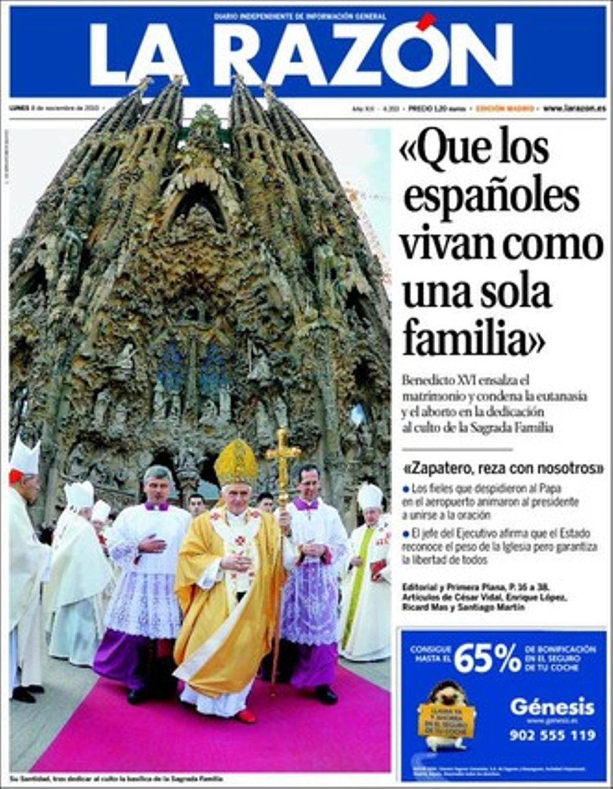 ’La Razón’ realça també que el setge marroquí desencadena greus incidents a Aaiun; que Andalusia lidera el rànquing de morositat sanitària; que els espanyols van estalviar fins al juny un 20% menys que el 2009, i que milers d’aragonesos surten al carrer per exigir al Govern l’art sacre de la Franja.