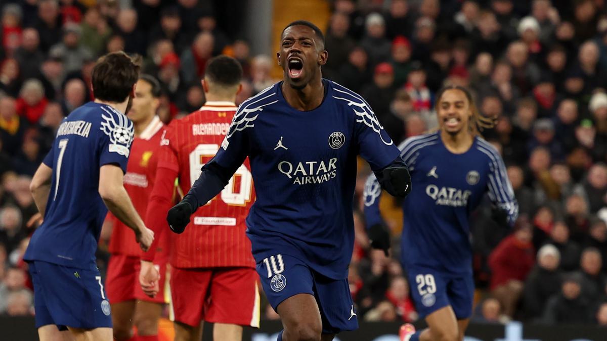 Dembélé celebra su gol contra el PSG en los octavos de final de la Champions