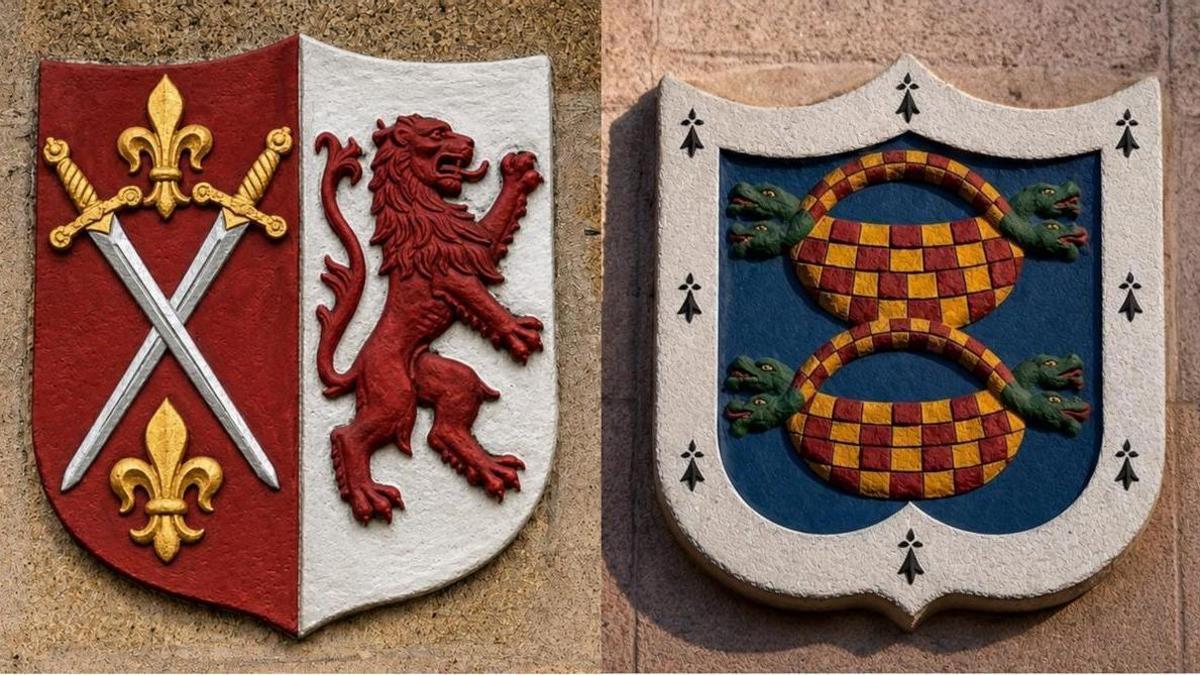 Reconstrucción cromática de los escudos de los Osma (arriba) y de los Guzmán (abajo), conservados en la iglesia de Santiago.