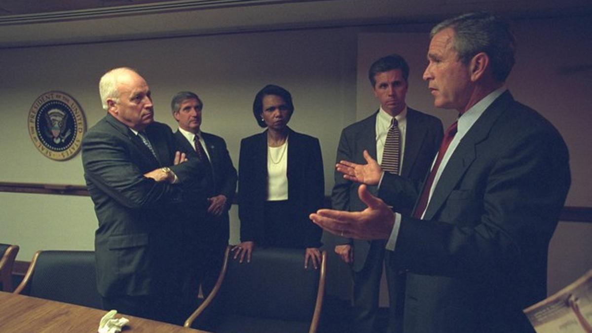 U.S. President George Bush is pictured with U.S. Vice President Dick Cheney and senior staff in the President's Emergency Operations Center in Washington in the hours following the September 11, 2001 attacks in this U.S National Archives handout phot