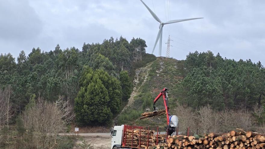 Un cargamento de madera, con un aerogenerador y la línea de alta tensión de Xiabre, al fondo.