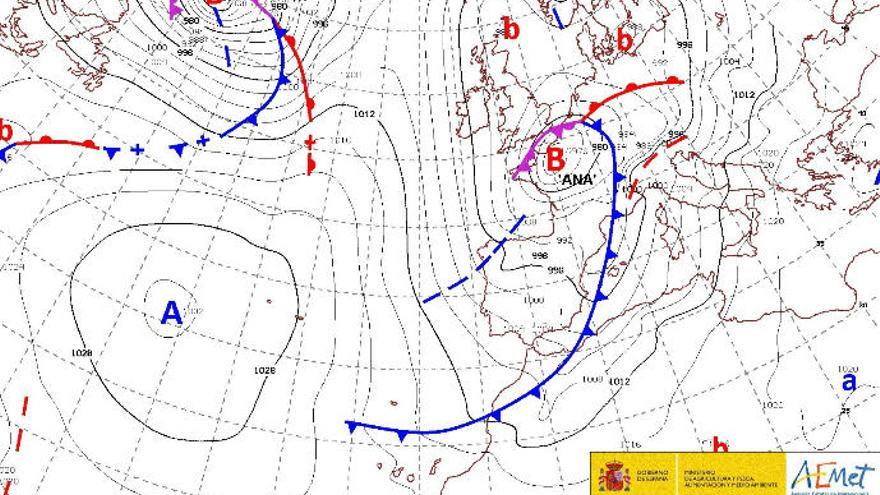 Evolución para este lunes de la borrasca Ana.