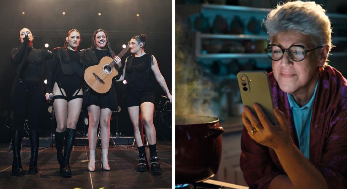 Tanxugueiras y la cantante canaria Valeria Castro. A la derecha, frame del anuncio de Movistar que suena con sus voces.