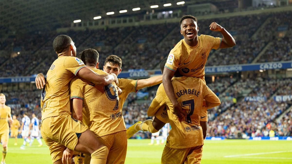 Ansu Fati celebró su gol en Anoeta por todo lo alto