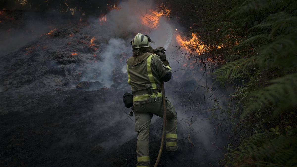 Un brigadista de la Xunta en un incendio.