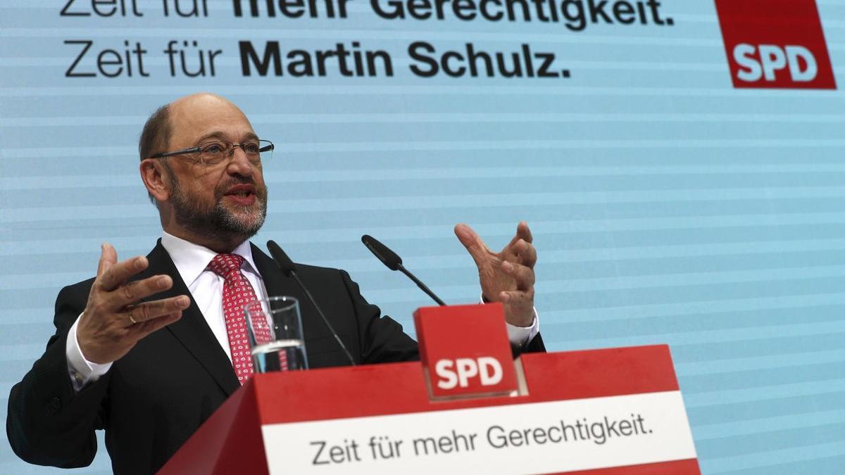 New SPD leader Schulz addresses a news conference at their party headquarters in Berlin