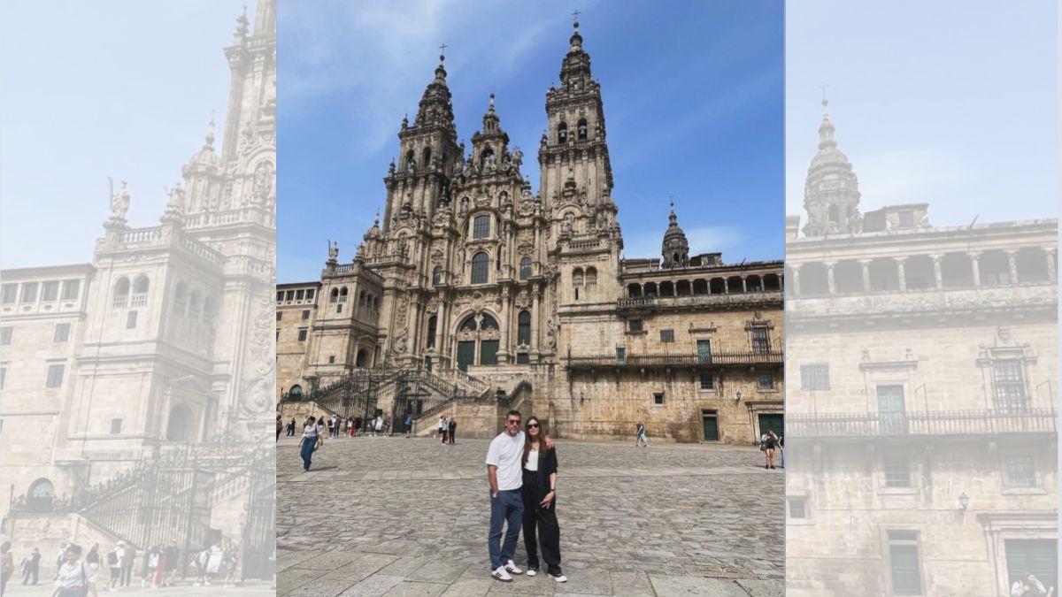 Sara Carbonero y su pareja, Jota Cabrera, en el Obradoiro