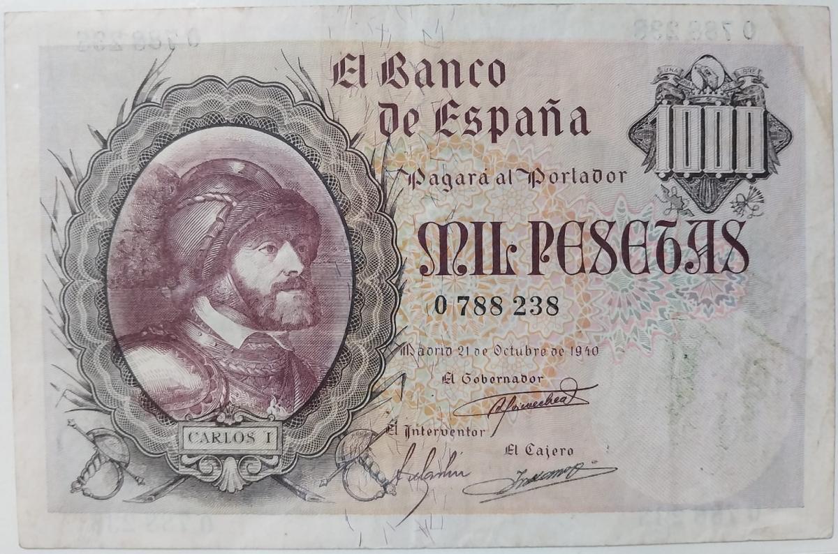 Billete de mil pesetas fechado el 21 de octubre de 1940.