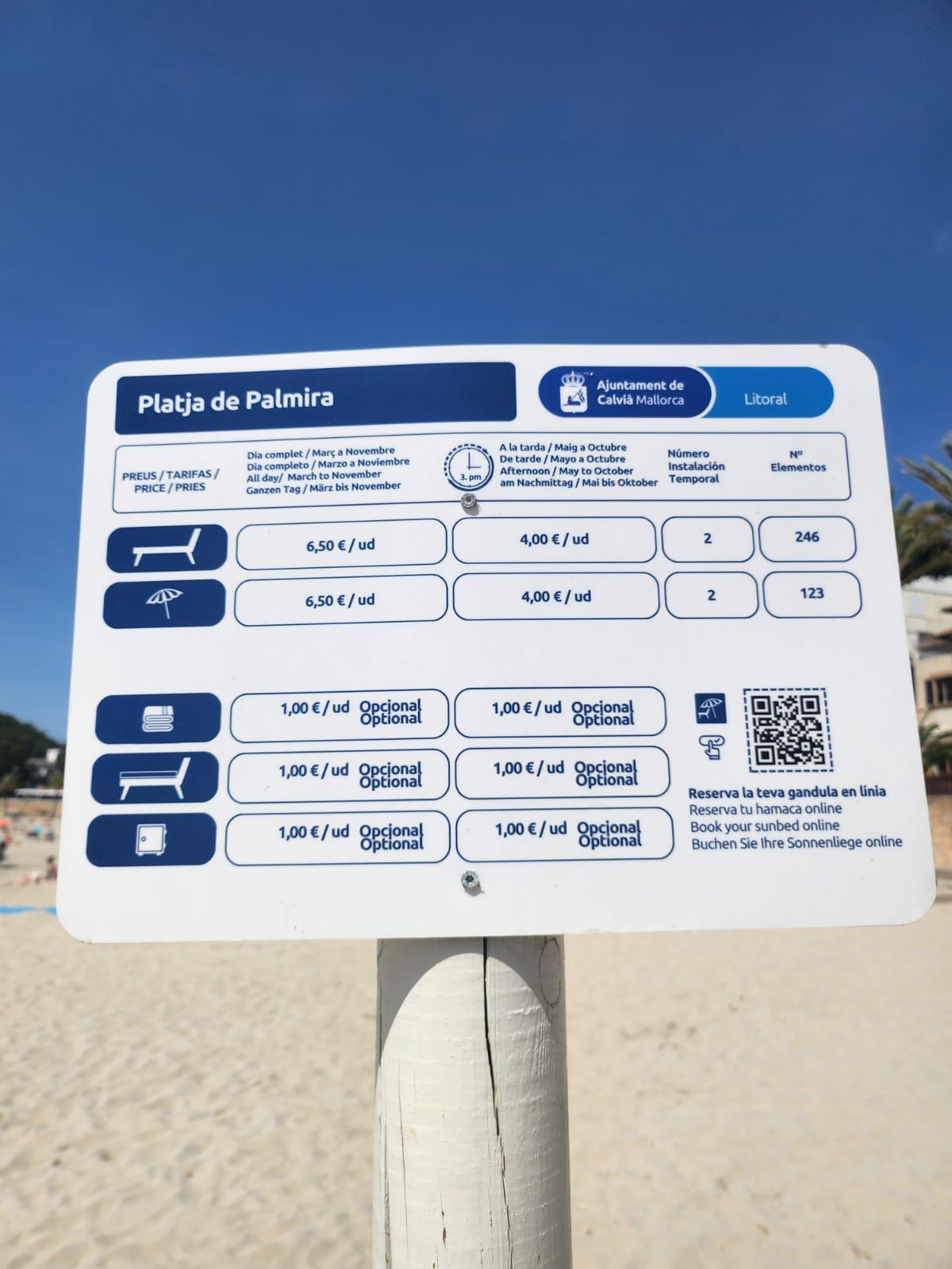 Die Preise für die diesjährige Saison am Palmira-Strand in Peguera.