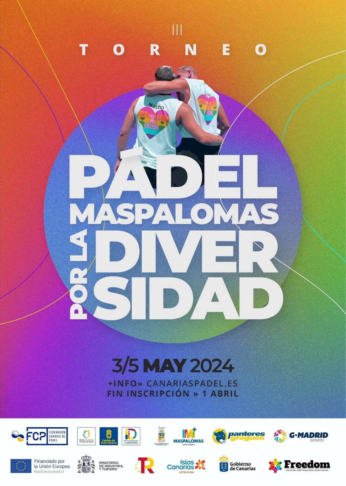 Imagen del cartel oficial del Torneo de Pádel Maspalomas por la Diversidad 2024.