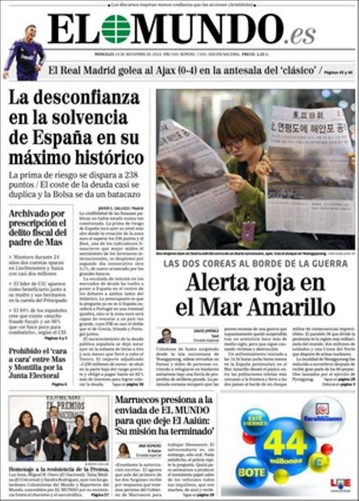 ’El Mundo’ també destaca a les pàgines interiors que demanden Josep Anglada per no pagar la propaganda per a la seva candidatura xenòfoba PxC, que la sida s’estabilitza al món, que l’Estat espanyol paga en interessos 19.500 milions, un 25% més que el 2009, i que Isidre Fainé, president de la CECA, afirma que se surt de la crisi amb més hores de treball.