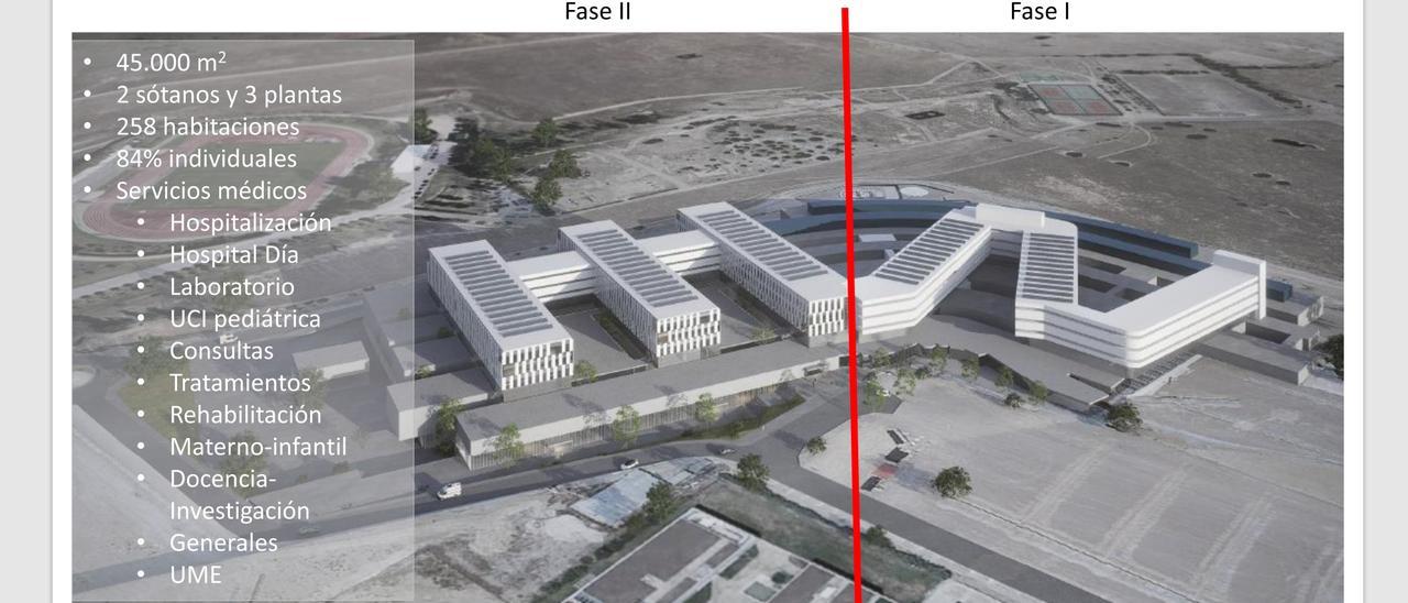 Recreación del Hospital Universitario de Cáceres con sus dos fases al completo.